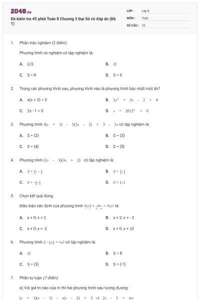 Đề kiểm tra 45 phút Toán 8 Chương 3 Đại Số có đáp án (Đề 1)
