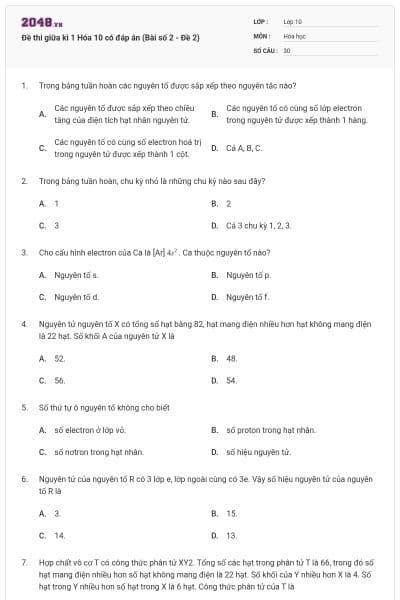 Đề thi giữa kì 1 Hóa 10 có đáp án (Bài số 2 - Đề 2)