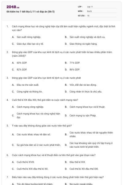 Đề kiểm tra 1 tiết Địa Lí 11 có đáp án (Đề 5)