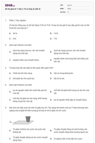 Đề thi giữa kì 1 Vật Lí 10 có đáp án (Đề 4)