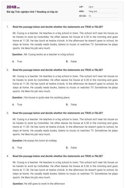 Bài tập Trắc nghiệm Unit 7 Reading có đáp án