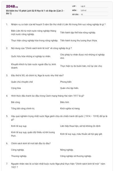 Đề kiểm tra 15 phút Lịch Sử 8 Học kì 1 có đáp án (Lần 2 - Đề 1)