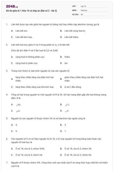 Đề thi giữa kì 1 Hóa 10 có đáp án (Bài số 2 - Đề 3)