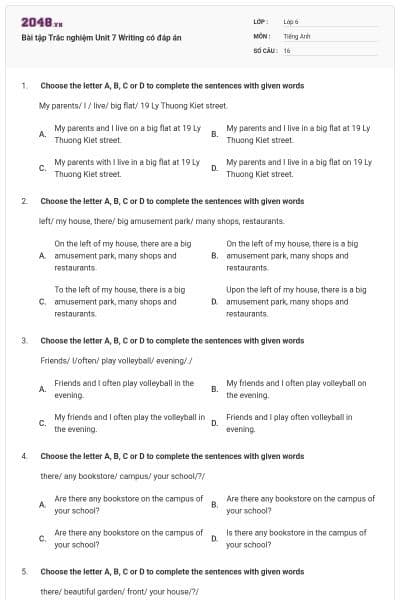 Bài tập Trắc nghiệm Unit 7 Writing có đáp án