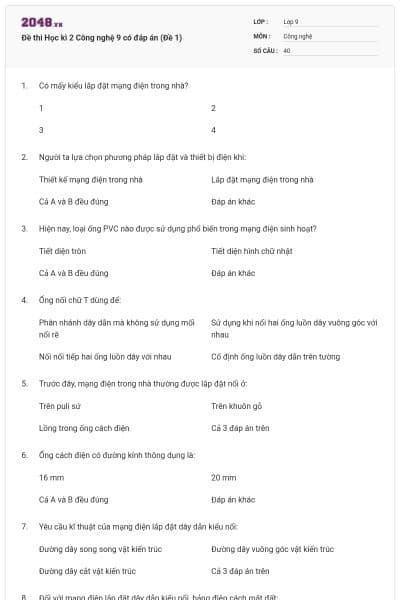 Đề thi Học kì 2 Công nghệ 9 có đáp án (Đề 1)