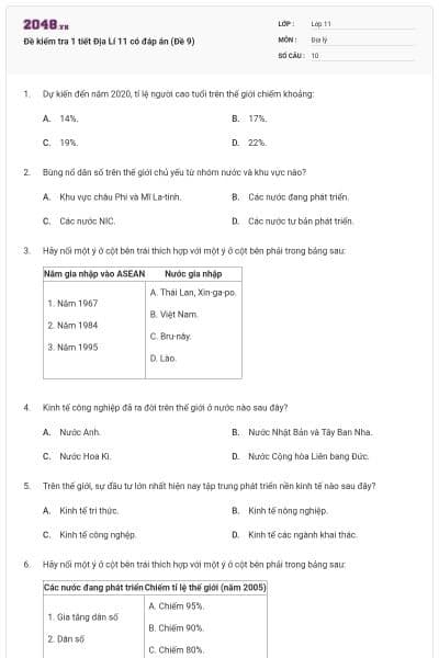 Đề kiểm tra 1 tiết Địa Lí 11 có đáp án (Đề 9)
