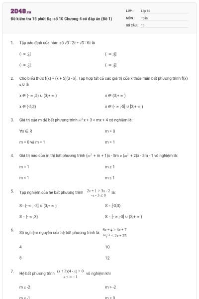 Đề kiểm tra 15 phút Đại số 10 Chương 4 có đáp án (Đề 1)