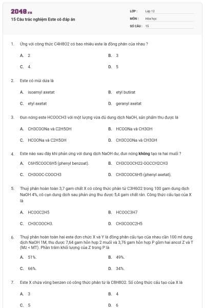 15 Câu trắc nghiệm Este có đáp án