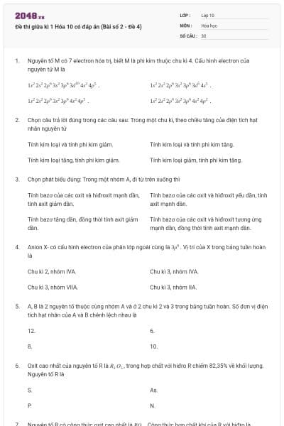 Đề thi giữa kì 1 Hóa 10 có đáp án (Bài số 2 - Đề 4)