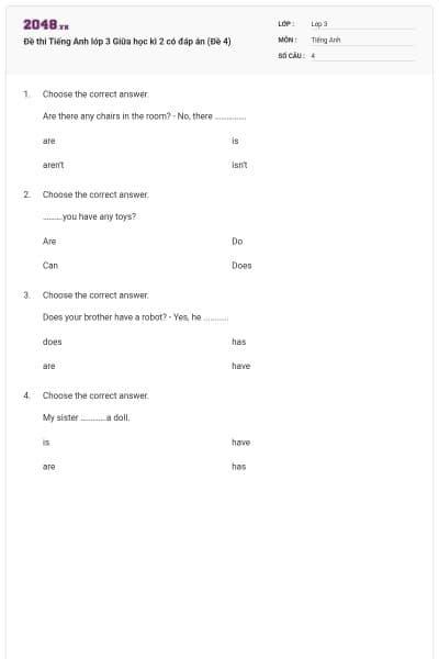 Đề thi Tiếng Anh lớp 3 Giữa học kì 2 có đáp án (Đề 4)