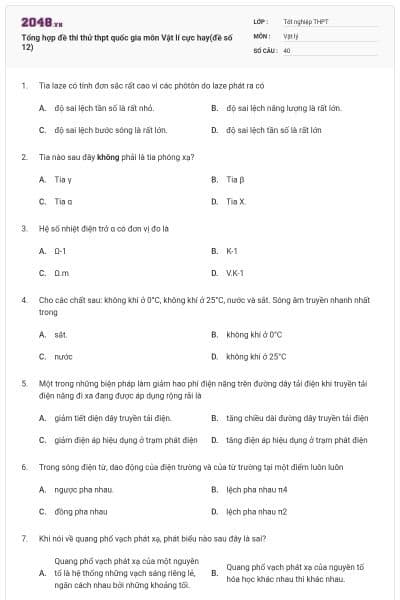 Tổng hợp đề thi thử thpt quốc gia môn Vật lí cực hay(đề số 12)