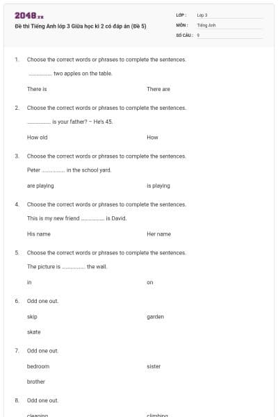 Đề thi Tiếng Anh lớp 3 Giữa học kì 2 có đáp án (Đề 5)