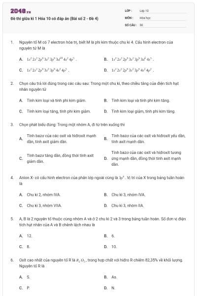 Đề thi giữa kì 1 Hóa 10 có đáp án (Bài số 2 - Đề 4)