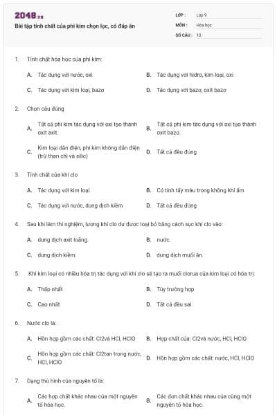 Bài tập tính chất của phi kim chọn lọc, có đáp án