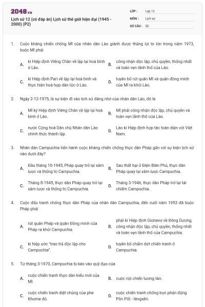 Lịch sử 12 (có đáp án) Lịch sử thế giới hiện đại (1945 - 2000) (P2)