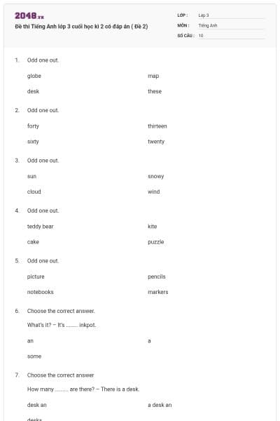 Đề thi Tiếng Anh lớp 3 cuối học kì 2 có đáp án ( Đề 2)