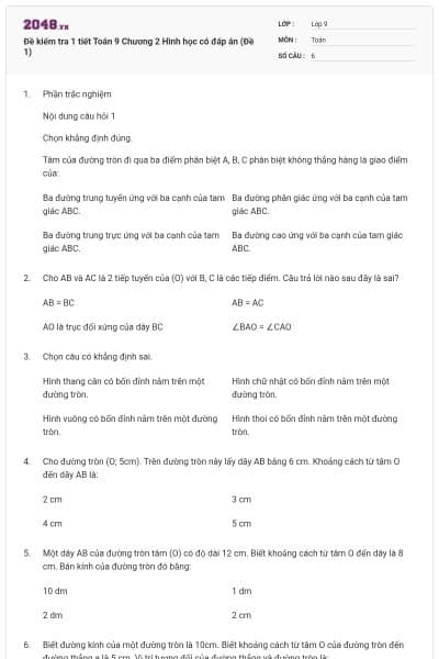 Đề kiểm tra 1 tiết Toán 9 Chương 2 Hình học có đáp án (Đề 1)