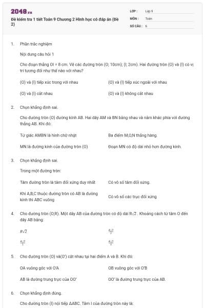 Đề kiểm tra 1 tiết Toán 9 Chương 2 Hình học có đáp án (Đề 2)