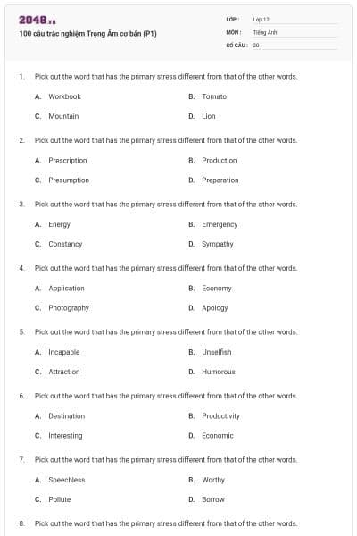 100 câu trắc nghiệm Trọng Âm cơ bản (P1)
