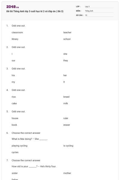 Đề thi Tiếng Anh lớp 3 cuối học kì 2 có đáp án ( Đề 3)