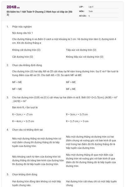 Đề kiểm tra 1 tiết Toán 9 Chương 2 Hình học có đáp án (Đề 3)