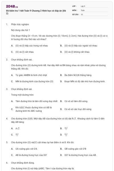 Đề kiểm tra 1 tiết Toán 9 Chương 2 Hình học có đáp án (Đề 2)