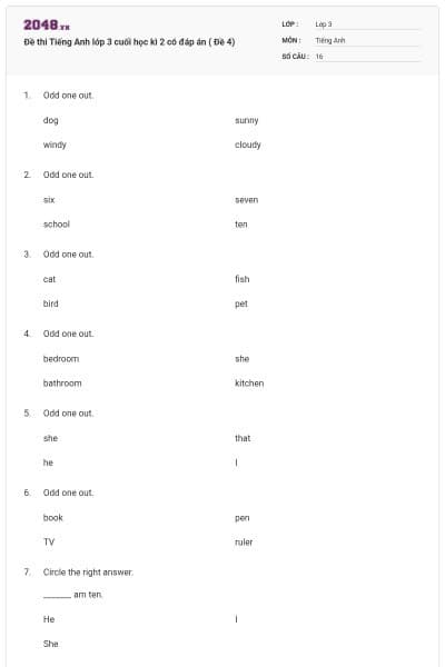 Đề thi Tiếng Anh lớp 3 cuối học kì 2 có đáp án ( Đề 4)