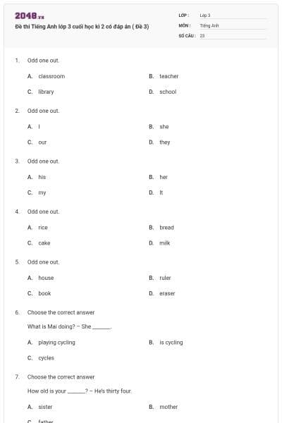 Đề thi Tiếng Anh lớp 3 cuối học kì 2 có đáp án ( Đề 3)