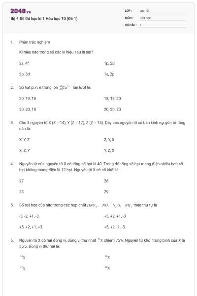 Bộ 4 Đề thi học kì 1 Hóa học 10 (Đề 1)