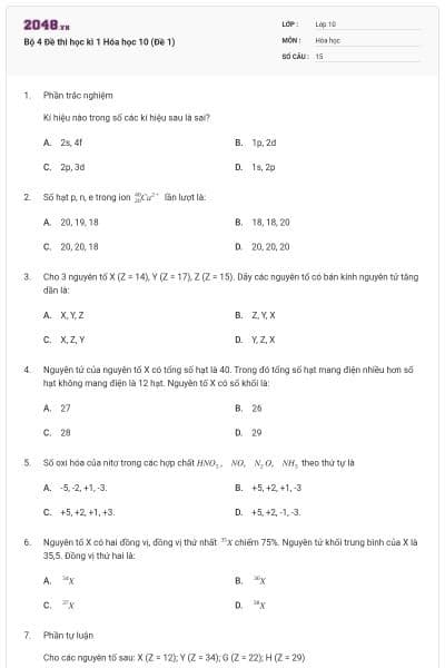 Bộ 4 Đề thi học kì 1 Hóa học 10 (Đề 1)
