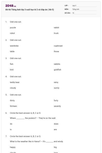 Đề thi Tiếng Anh lớp 3 cuối học kì 2 có đáp án ( Đề 5)