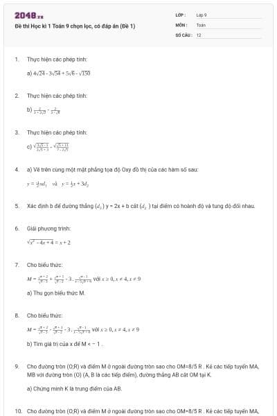 Đề thi Học kì 1 Toán 9 chọn lọc, có đáp án (Đề 1)