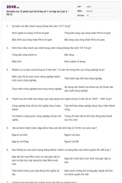 Đề kiểm tra 15 phút Lịch Sử 8 Học kì 1 có đáp án (Lần 2 - Đề 2)
