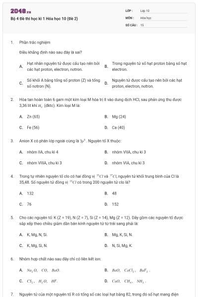 Bộ 4 Đề thi học kì 1 Hóa học 10 (Đề 2)