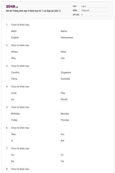 Đề thi Tiếng Anh lớp 4 Giữa học kì 1 có đáp án (Đề 1)