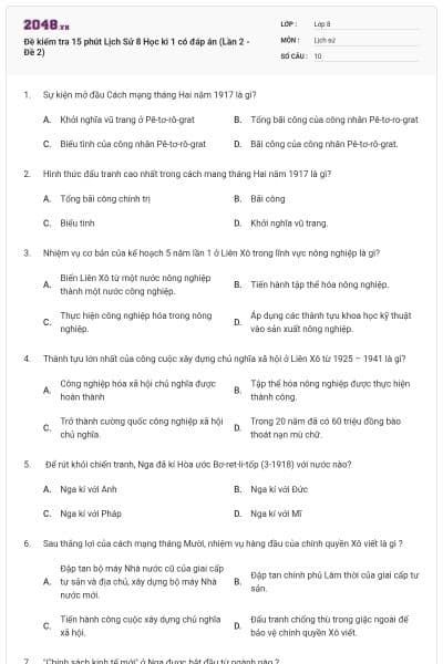 Đề kiểm tra 15 phút Lịch Sử 8 Học kì 1 có đáp án (Lần 2 - Đề 2)