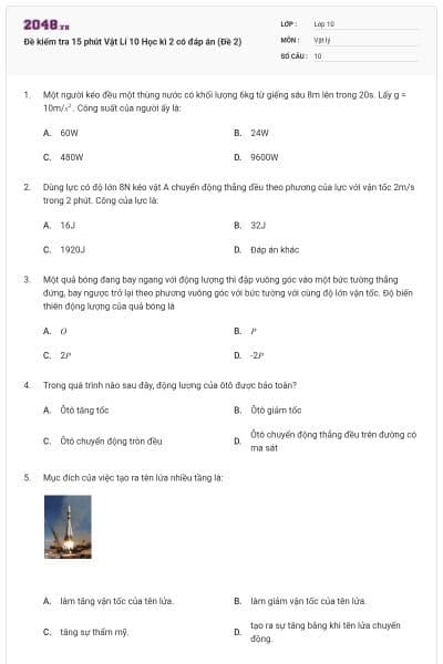 Đề kiểm tra 15 phút Vật Lí 10 Học kì 2 có đáp án (Đề 2)