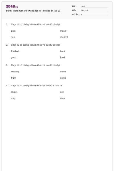 Đề thi Tiếng Anh lớp 4 Giữa học kì 1 có đáp án (Đề 2)