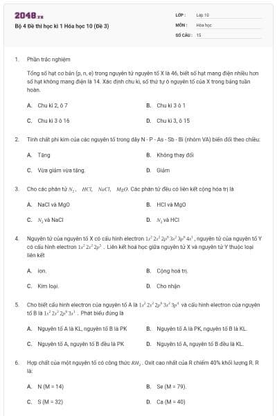 Bộ 4 Đề thi học kì 1 Hóa học 10 (Đề 3)