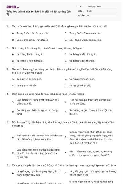 Tổng hợp thi thử môn Địa Lý có lời giải chi tiết cực hay (Đề 7)