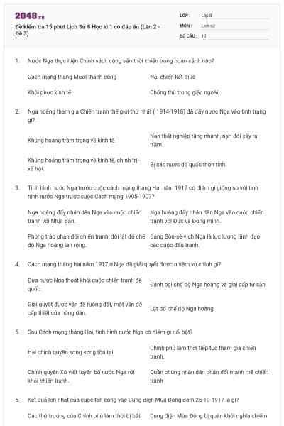 Đề kiểm tra 15 phút Lịch Sử 8 Học kì 1 có đáp án (Lần 2 - Đề 3)