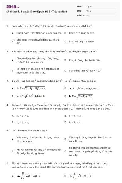 Đề thi học kì 1 Vật Lí 10 có đáp án (Đề 3 - Trắc nghiệm)
