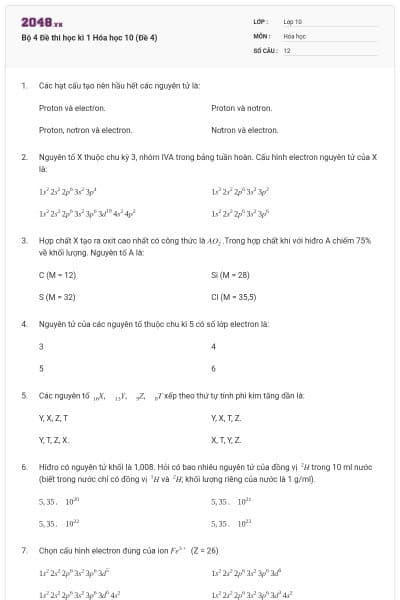 Bộ 4 Đề thi học kì 1 Hóa học 10 (Đề 4)