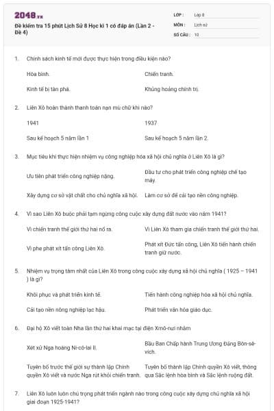 Đề kiểm tra 15 phút Lịch Sử 8 Học kì 1 có đáp án (Lần 2 - Đề 4)