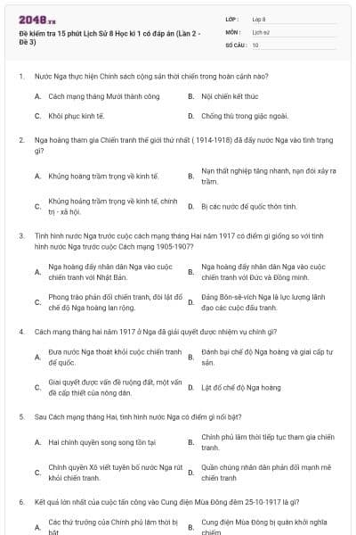 Đề kiểm tra 15 phút Lịch Sử 8 Học kì 1 có đáp án (Lần 2 - Đề 3)
