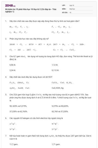 Đề kiểm tra 15 phút Hóa học 10 Học kì 2 (Có đáp án - Trắc nghiệm 1)