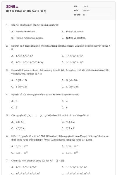 Bộ 4 Đề thi học kì 1 Hóa học 10 (Đề 4)