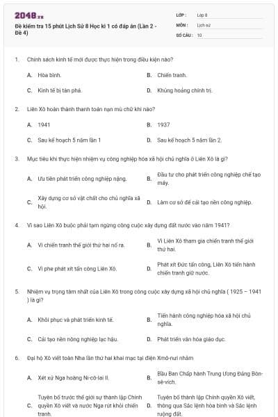 Đề kiểm tra 15 phút Lịch Sử 8 Học kì 1 có đáp án (Lần 2 - Đề 4)