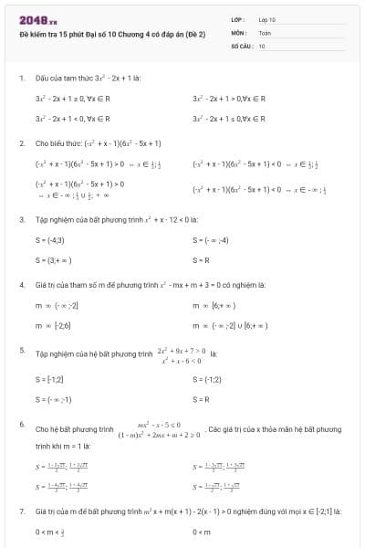 Đề kiểm tra 15 phút Đại số 10 Chương 4 có đáp án (Đề 2)