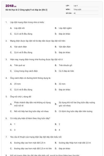 Đề thi Học kì 2 Công nghệ 9 có đáp án (Đề 2)